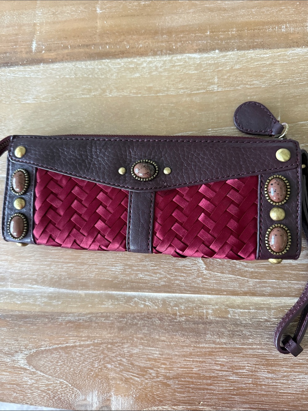 Cole Haan Woven Red Burgundy and Brown Leather Wristlet Clutch